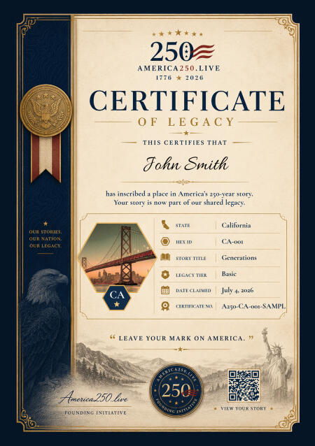 Sample America 250 commemorative certificate