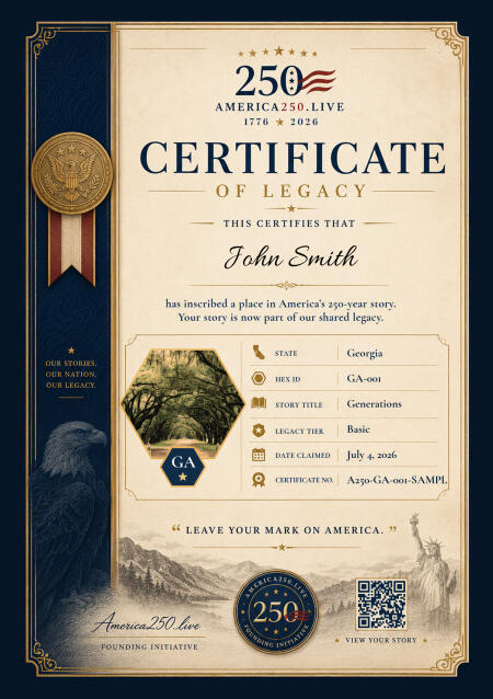 Sample America 250 commemorative certificate for Georgia