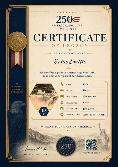 Sample America 250 commemorative certificate for Idaho