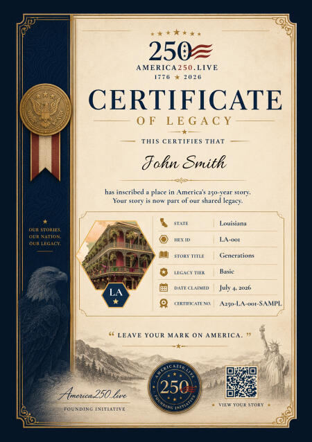 Sample America 250 commemorative certificate for Louisiana