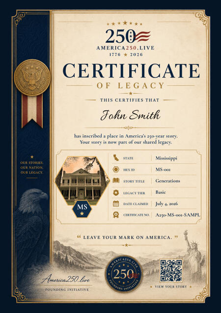 Sample America 250 commemorative certificate for Mississippi