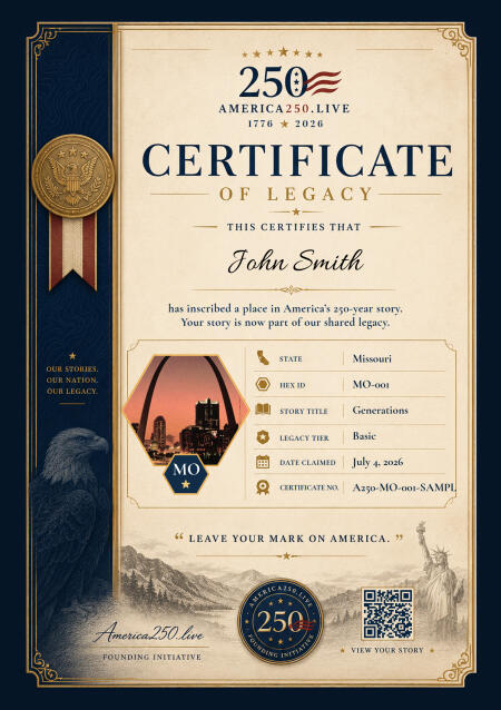 Sample America 250 commemorative certificate for Missouri