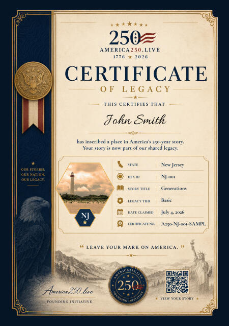 Sample America 250 commemorative certificate for New Jersey