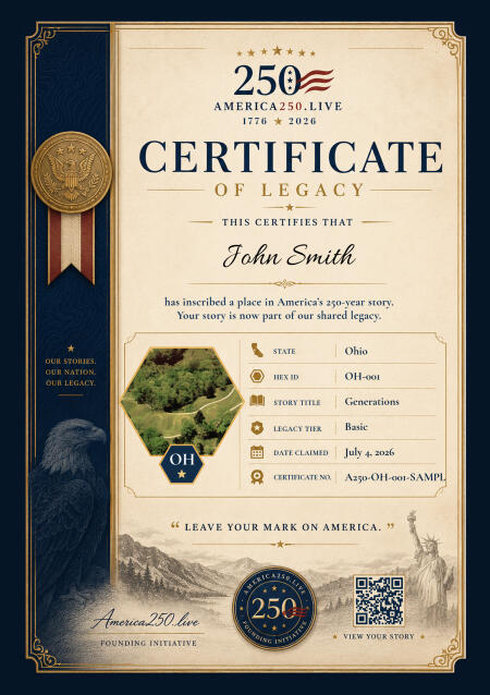 Sample America 250 commemorative certificate for Ohio