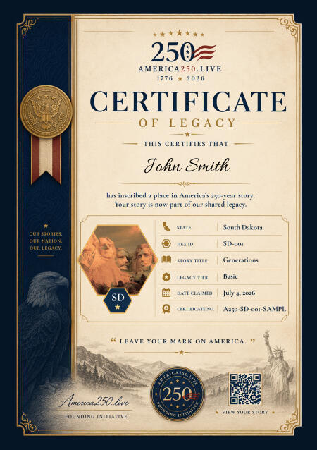 Sample America 250 commemorative certificate for South Dakota