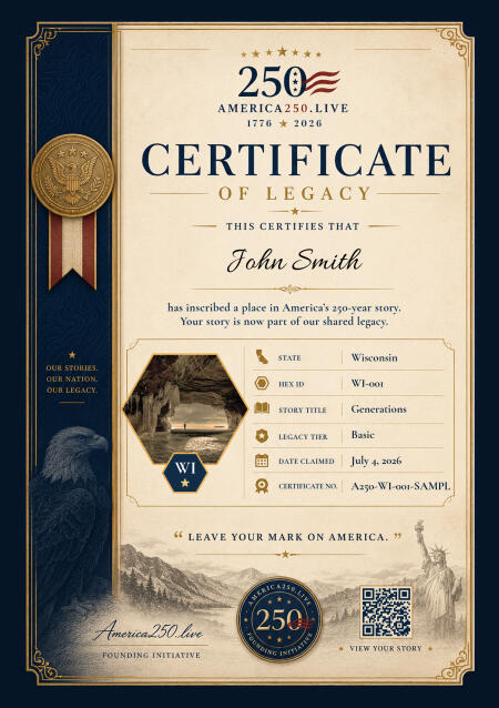 Sample America 250 commemorative certificate for Wisconsin