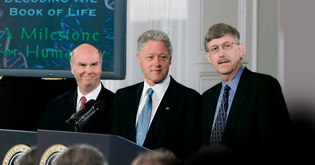 President Bill Clinton announces the working draft of the Human Genome with Francis Collins (left) and Craig Venter (right), White House East Room, June 26, 2000.