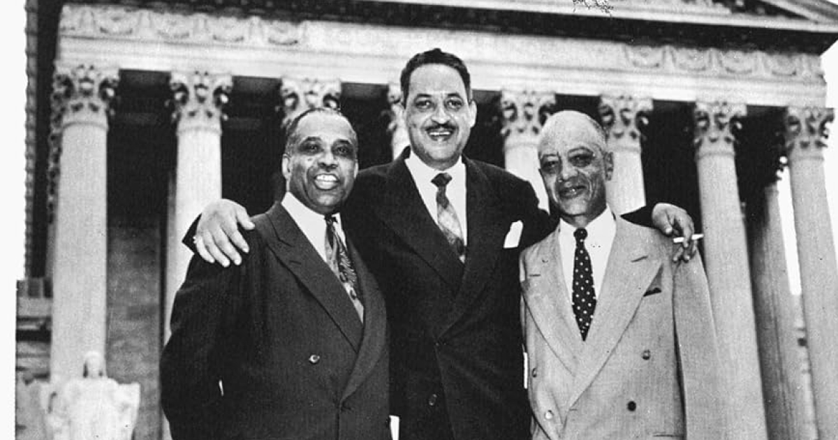 NAACP Legal Defense Fund attorneys Thurgood Marshall, George E. C. Hayes, and James Nabrit on the steps of the Supreme Court, May 17, 1954.