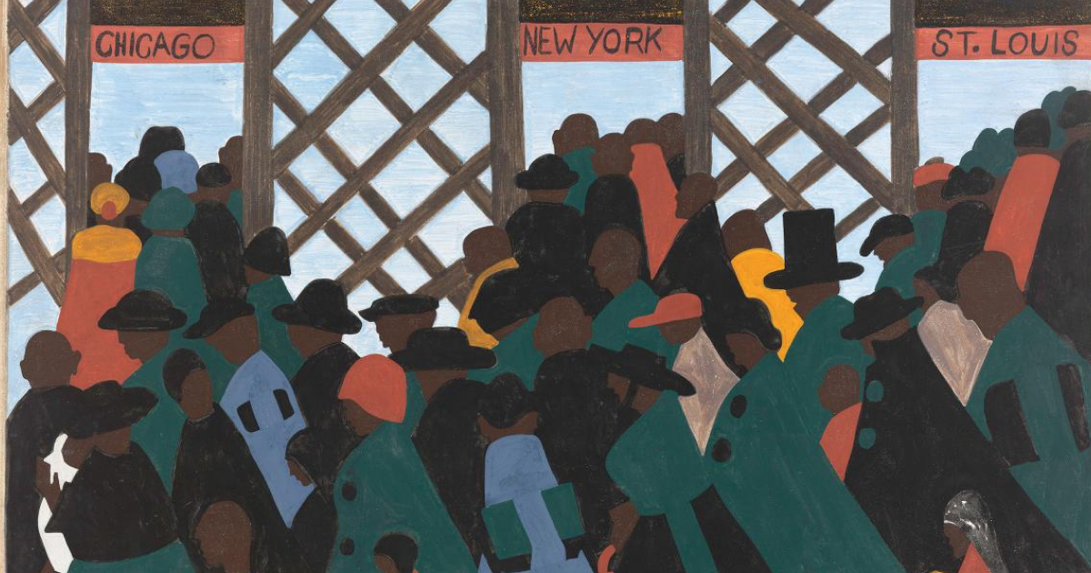 Panel from Jacob Lawrence’s 1940-41 Migration Series depicting Black migrants traveling north by train, tempera on hardboard.