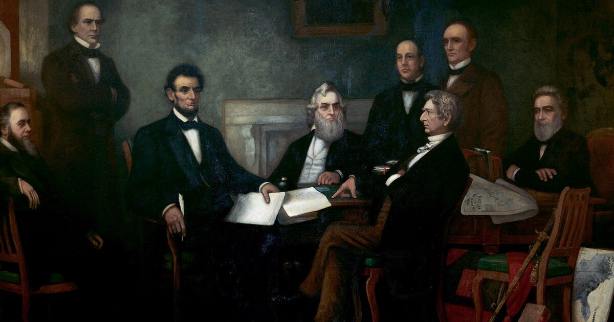 Francis Bicknell Carpenter’s 1864 painting “First Reading of the Emancipation Proclamation of President Lincoln” depicting Lincoln presenting the document to his cabinet, July 22, 1862.