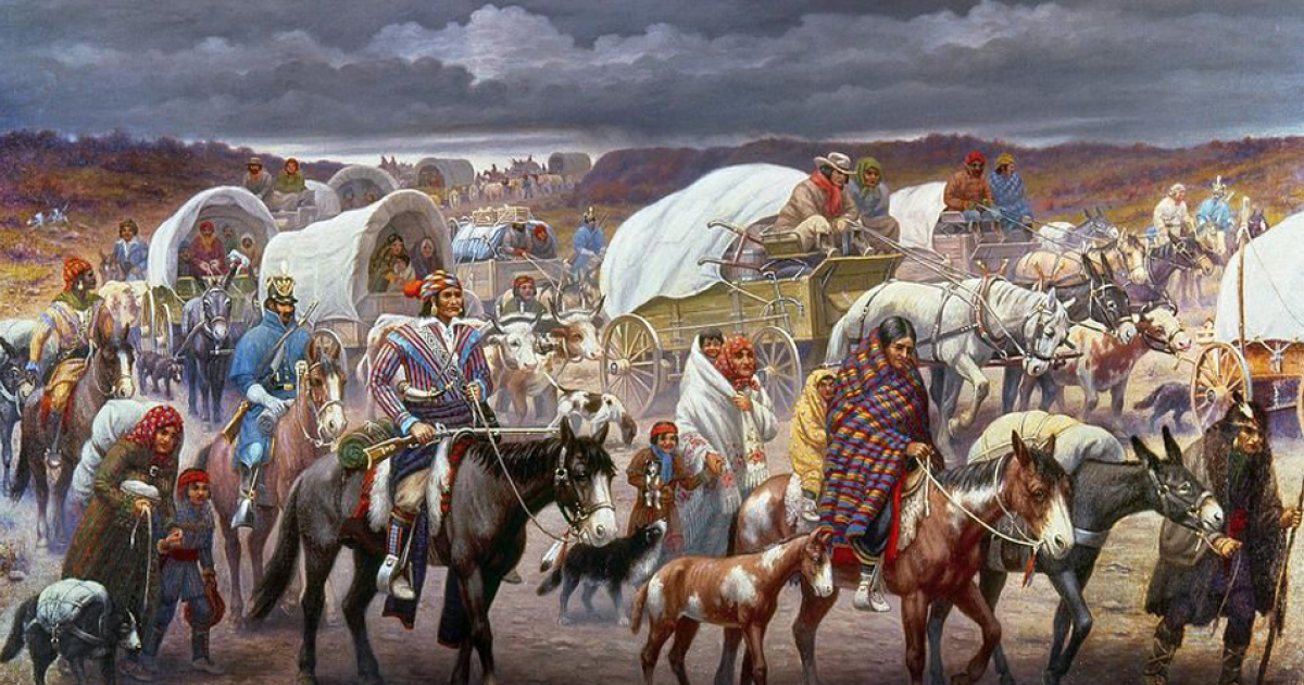 Robert Lindneux’s painting depicting the 1838 Cherokee removal, with families and oxen on the westward march.