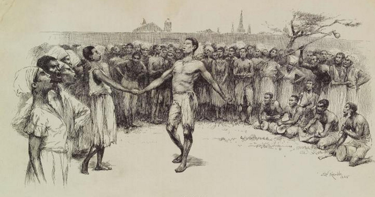 E.W. Kemble’s 1886 engraving “The Bamboula” depicting Sunday gatherings of enslaved Africans dancing and drumming in Congo Square, New Orleans.