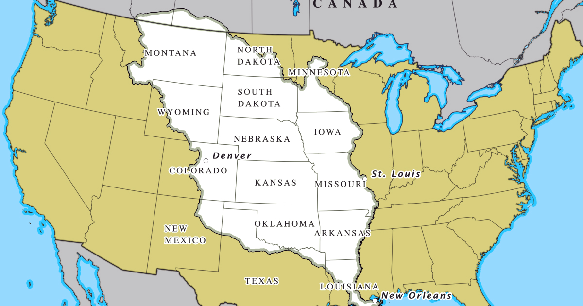 Period map of the Louisiana Purchase territory, 1804, showing the boundaries of the 828,000 square miles transferred from France.