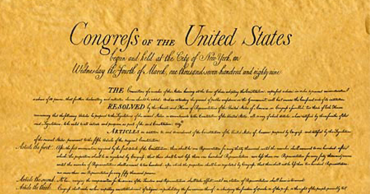 The original engrossed parchment of the Bill of Rights, 1789, in the National Archives, with twelve proposed articles.