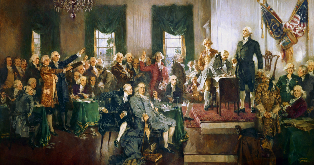 Howard Chandler Christy’s 1940 painting of the signing of the Constitution on September 17, 1787, in Independence Hall, Philadelphia.