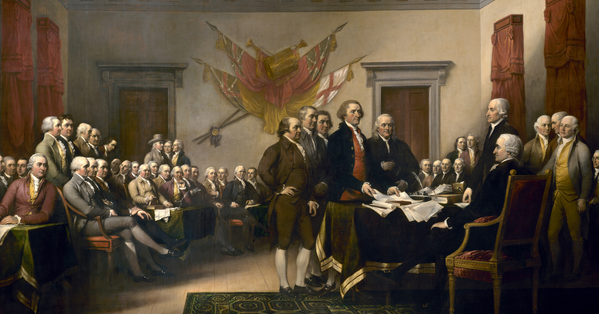 John Trumbull’s 1818 painting depicting the presentation of the Declaration of Independence to the Continental Congress on June 28, 1776.