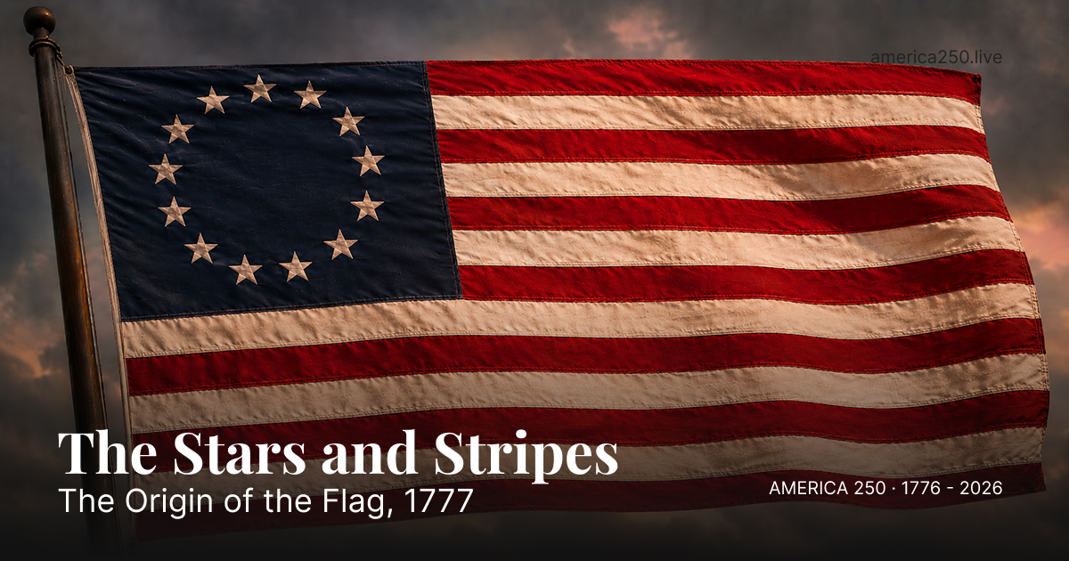 An early thirteen-star American flag of the Revolutionary era, with white stars arranged in a circle on a blue field beside thirteen red and white stripes.
